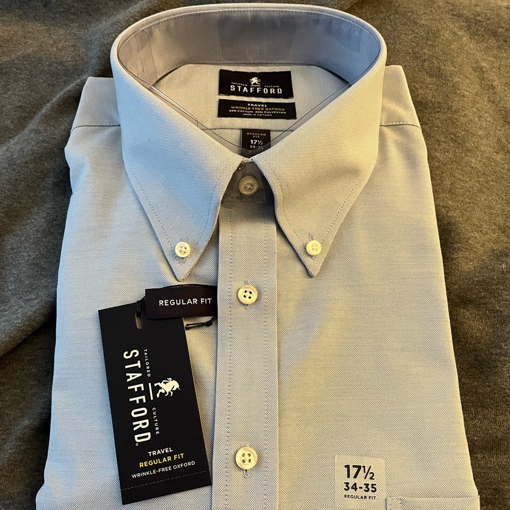 COPY - NWT Stafford Button Down dress Light Blue shirt. 17 1/2 neck. 34-35 size